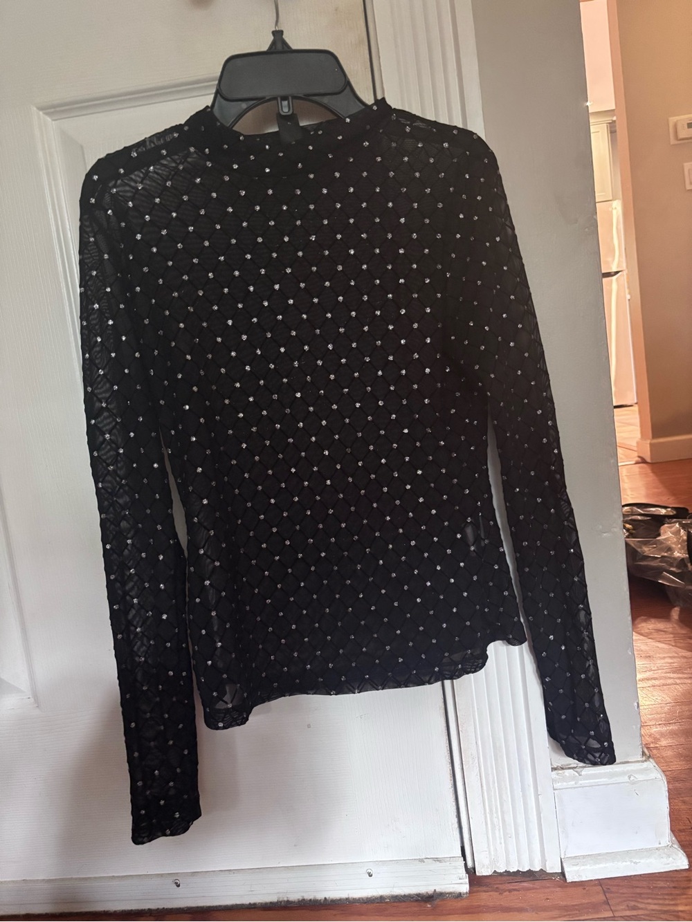 Black Embellished Long-Sleeve Mesh Top